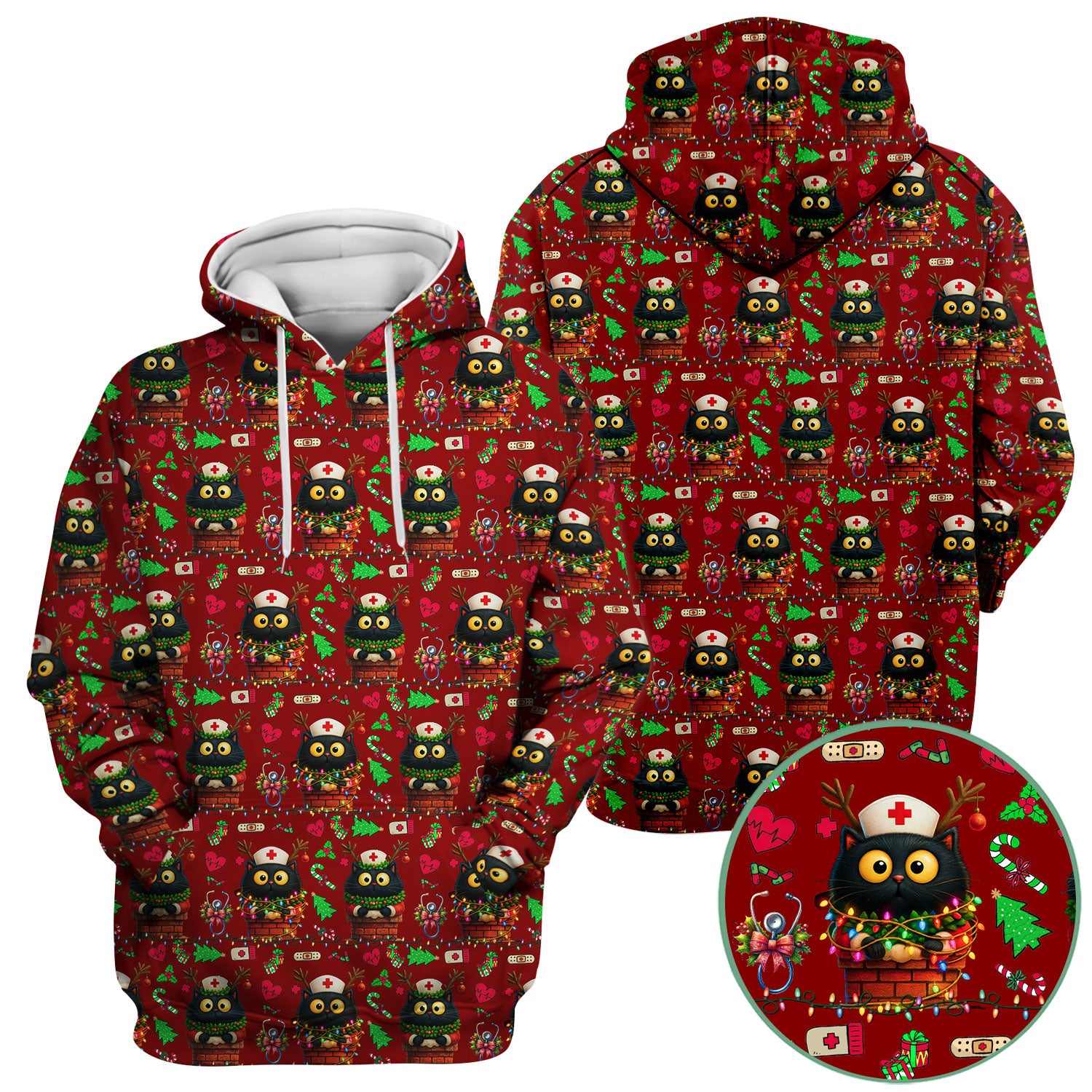 Christmas Black Cat Scrub Top for Nurse - Cute Reindeer Cat with Xmas Lights - Festive Holiday Medical Uniform for Women