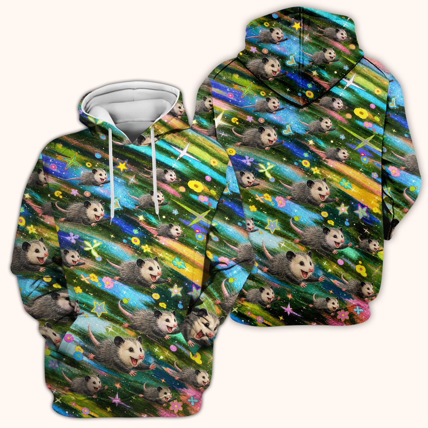 Colorful Opossum Rainbow Stars Print Scrub Top, Comfortable Scrubs for Nurses