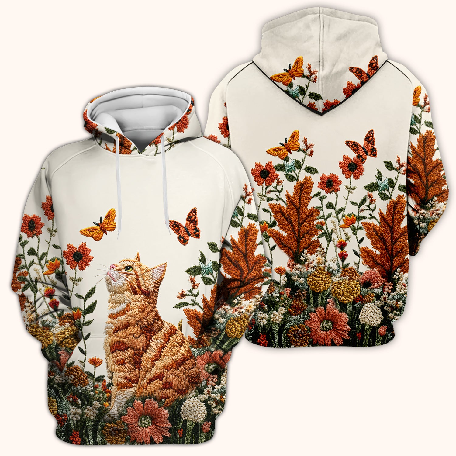 Embroidered Orange Cat Wildflower Pattern Scrub Top, Comfortable Scrubs for Nurses