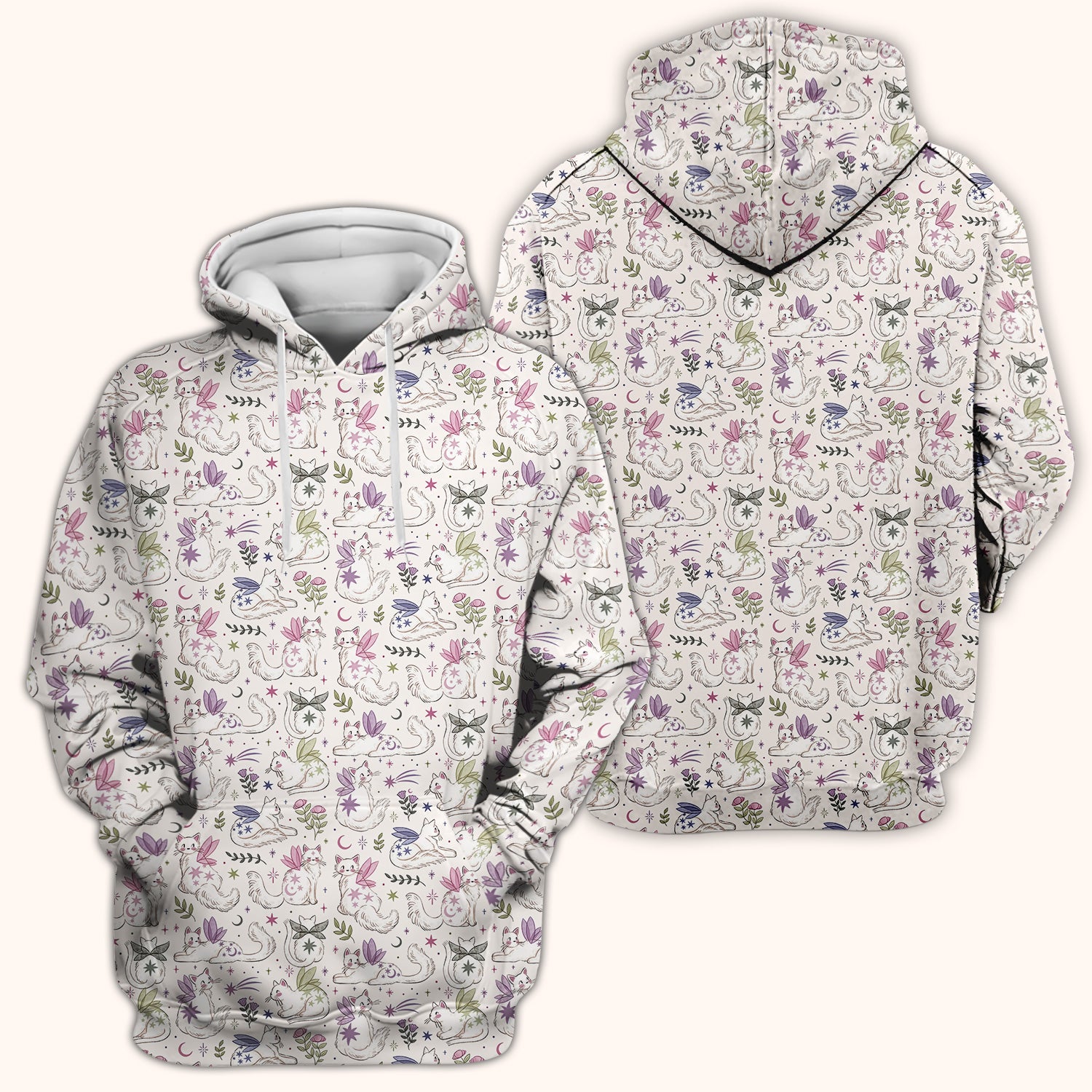 Cute Fairy Cat Moon Star Floral Pattern Scrub Top, Comfortable Scrubs for Nurses