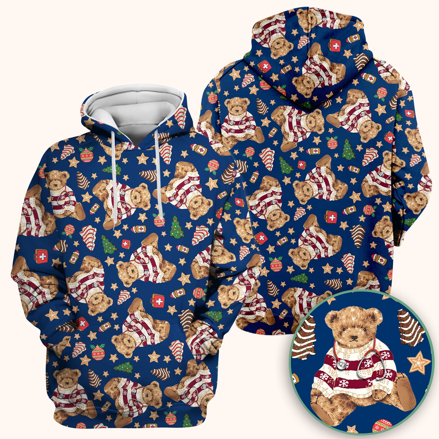 Teddy Bear Christmas Scrub Top - Cute Holiday Medical Pattern with Warm Sweater Bear - Gift for Nurses RN CNA LPN