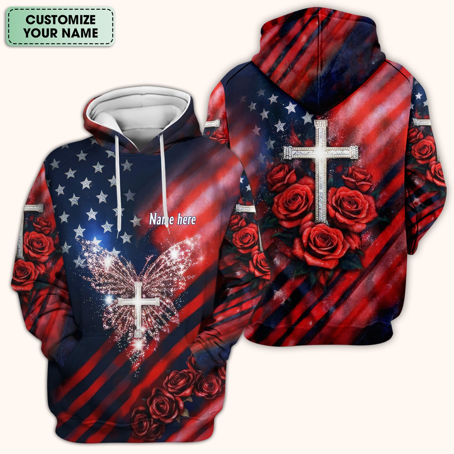 Custom Name Patriotic Cross Butterfly Rose Print Scrub Top, Comfortable Scrubs for Nurses