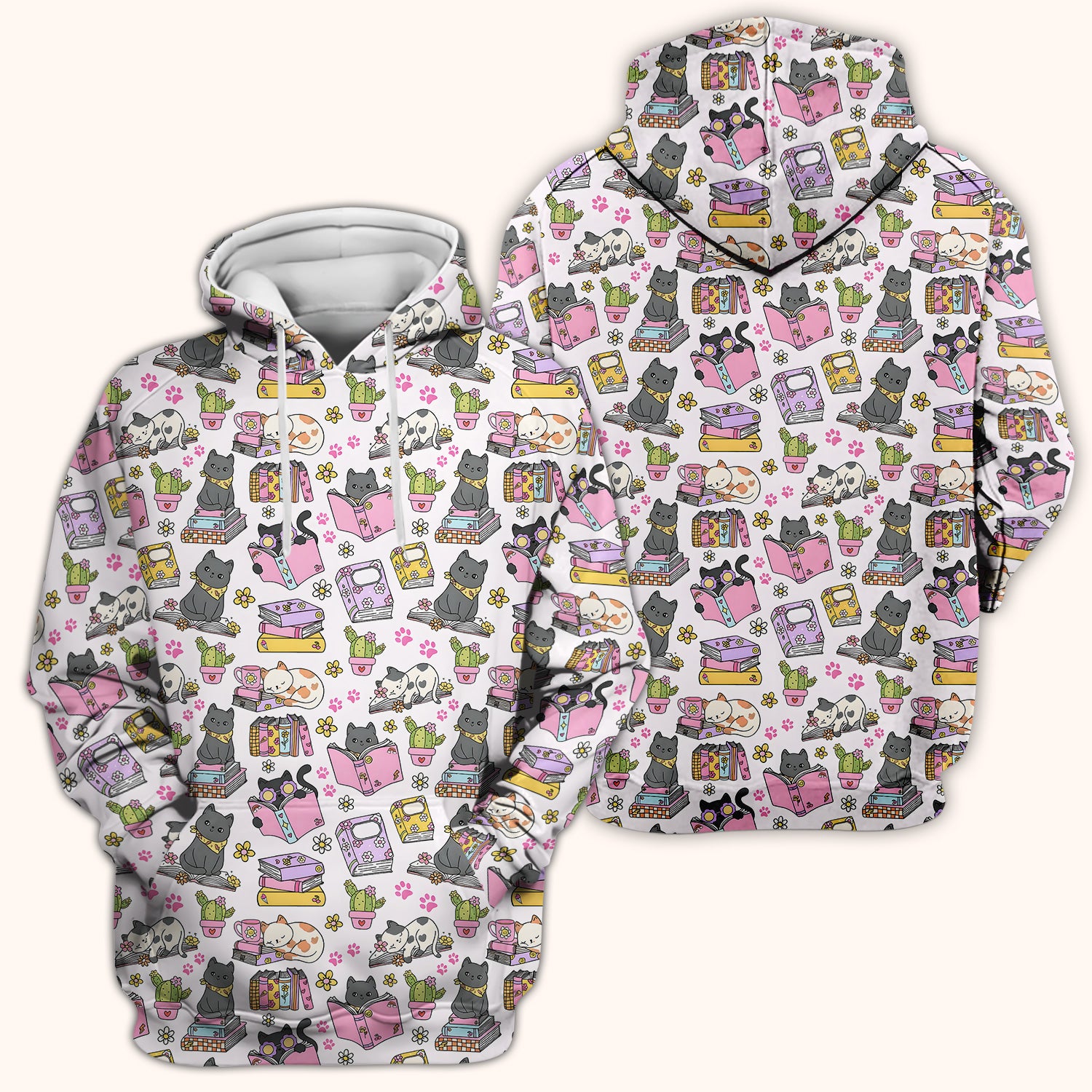 Cute Cat Book Cactus Seamless Pattern Scrub Top, Comfortable Scrubs for Nurses