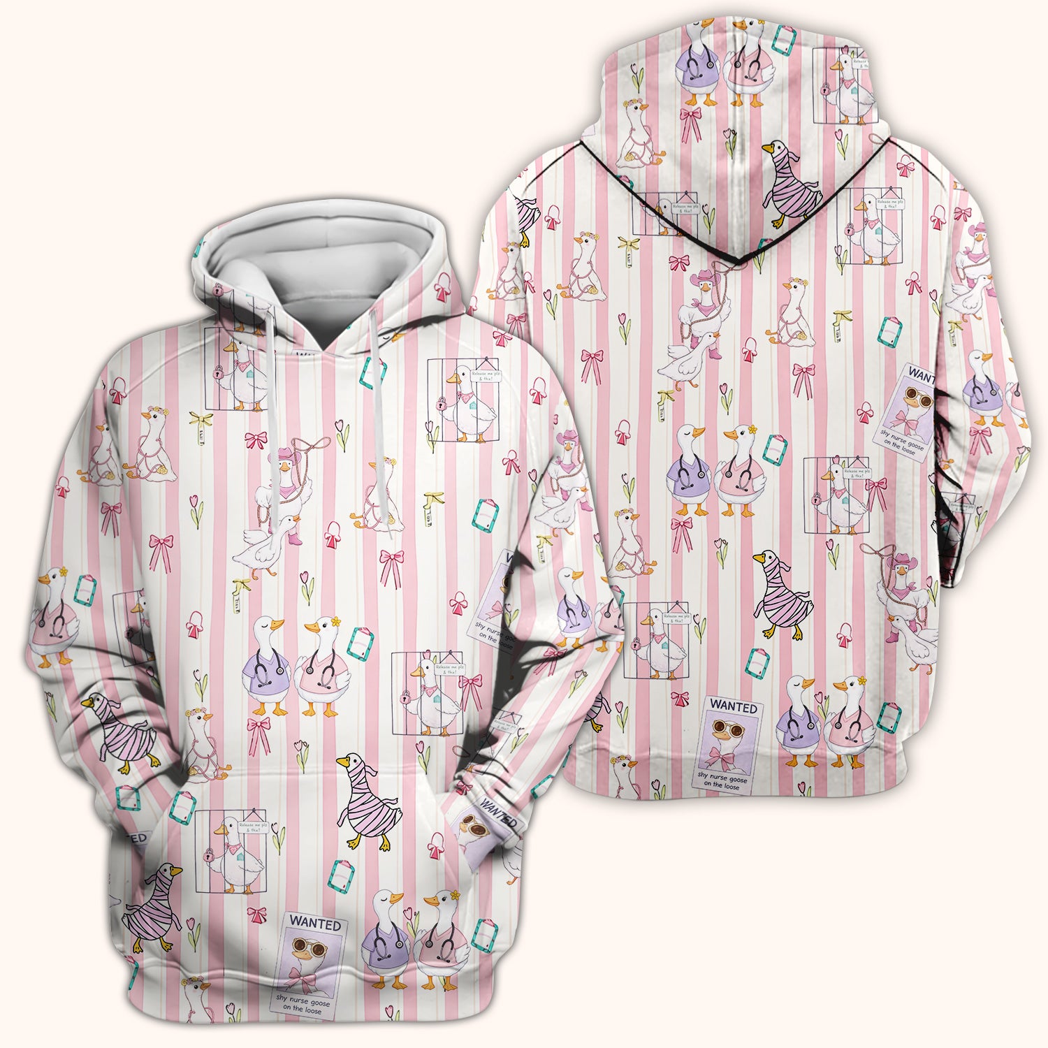 Cute Nurse Duck Stripe Pattern Scrub Top, Comfortable Scrubs for Nurses