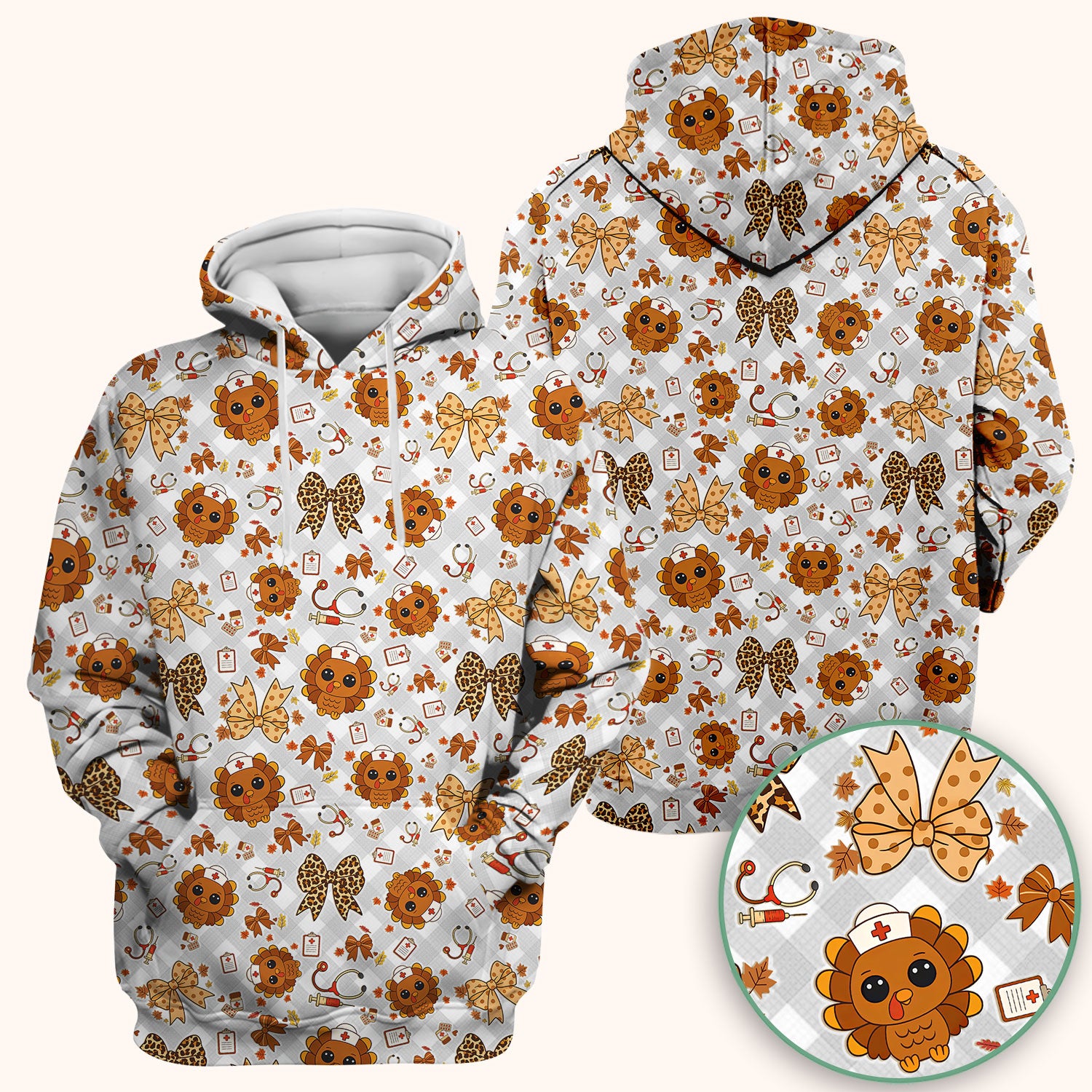 Thanksgiving Turkey Scrub Top for Nurses - Cute Fall Leaves and Bow Shirt - Funny Autumn Nursing Gift for Women RN LPN CNA