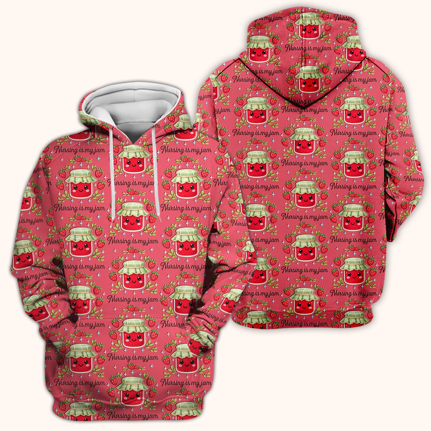Cute Strawberry Jam Nurse Pattern Scrub Top, Breathable Fabrics Nursing Uniform