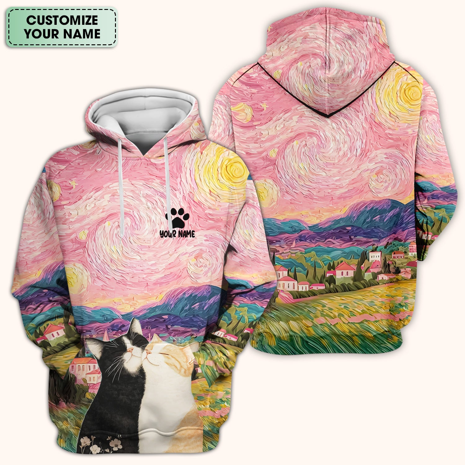 Personalized Cat Couple Sunset Swirl Sky Landscape Pattern Scrub Top, Comfortable Scrubs for Nurses