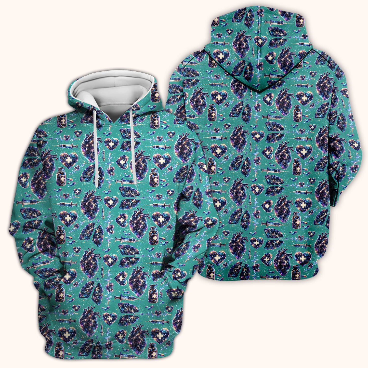 Galaxy Anatomical Heart Lung Syringe Print Scrub Top, Breathable Fabrics Nursing Uniform