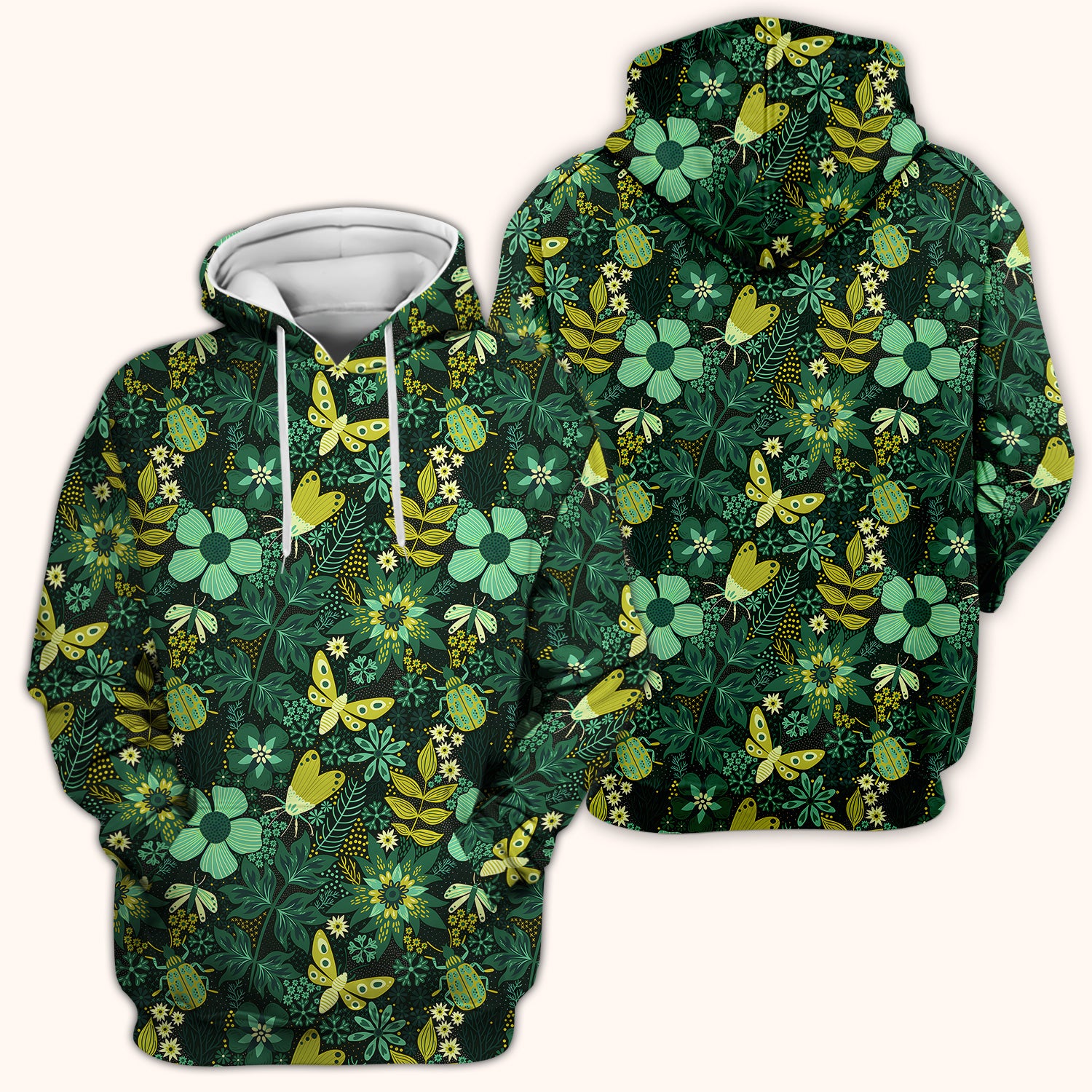 Green Botanical Butterfly Pattern Scrub Top, Comfortable Scrubs for Nurses