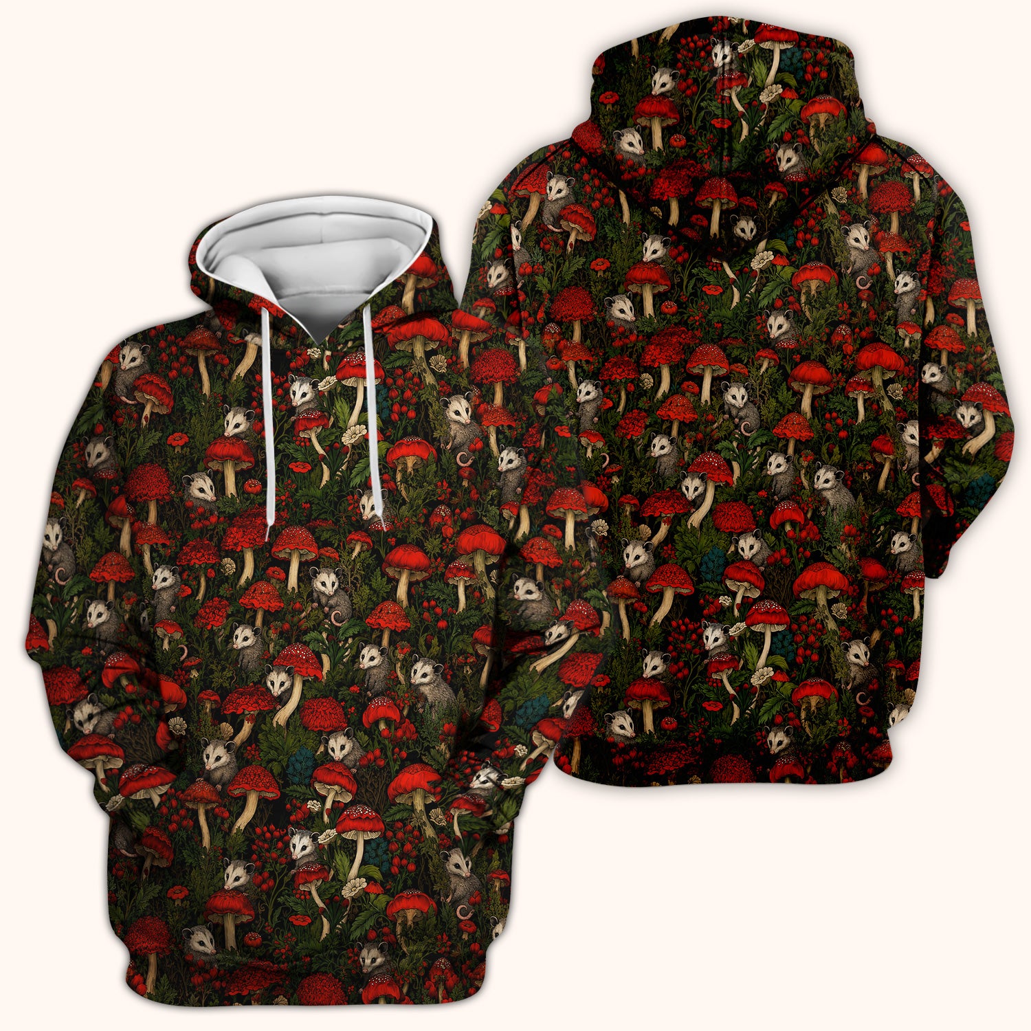 Woodland Opossum Red Mushroom Pattern Scrub Top, Comfortable Scrubs for Nurses