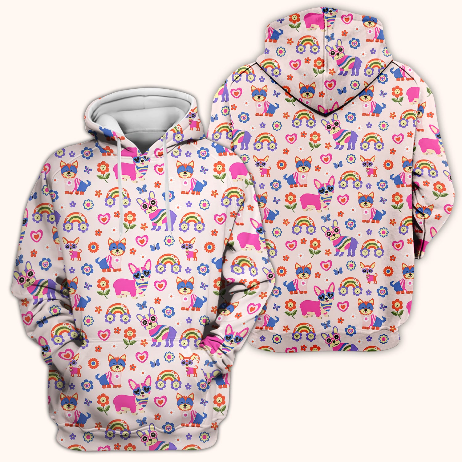Colorful Cartoon Dogs With Rainbow Flowers Pattern Scrub Top, Breathable Fabrics Nursing Uniform