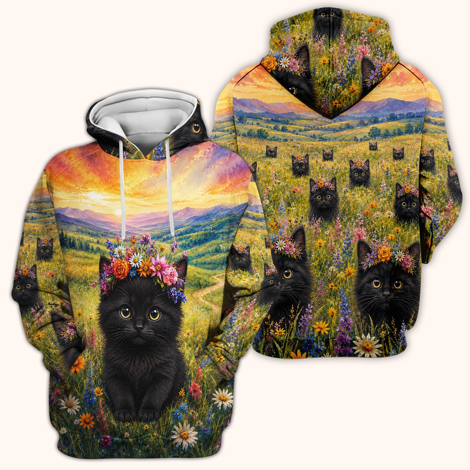 Black Kitten Flower Meadow Nurse Scrub Top for RN, CNA, Veterinary Staff, Cat Lover Uniform