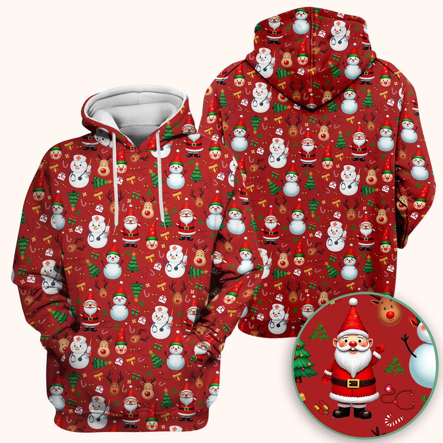 Christmas Scrub Top for Nurses - Cute Snowman Reindeer Santa Pattern - Holiday Medical Uniform RN CNA LPN Gift
