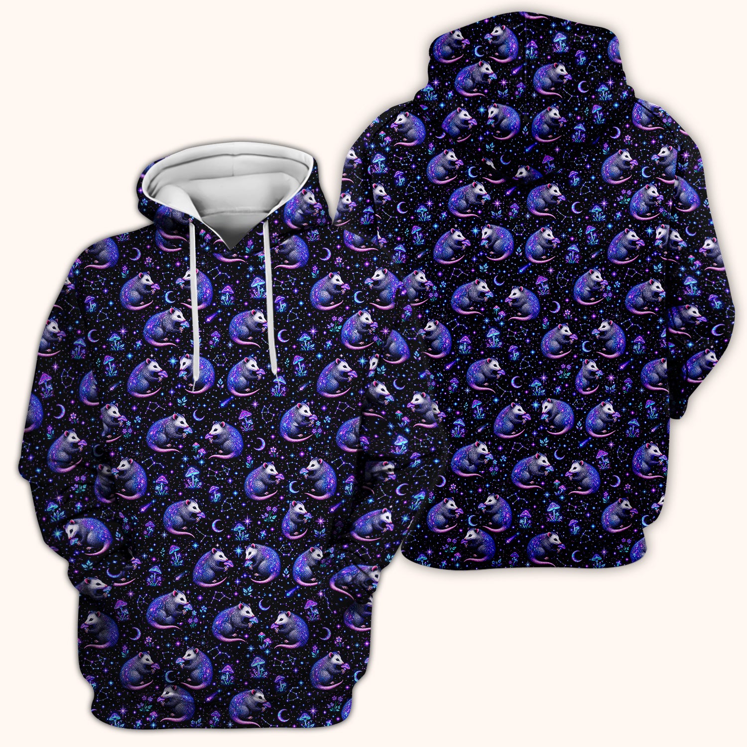 Celestial Purple Opossum With Mushroom Pattern Scrub Top, Comfortable Scrubs for Nurses