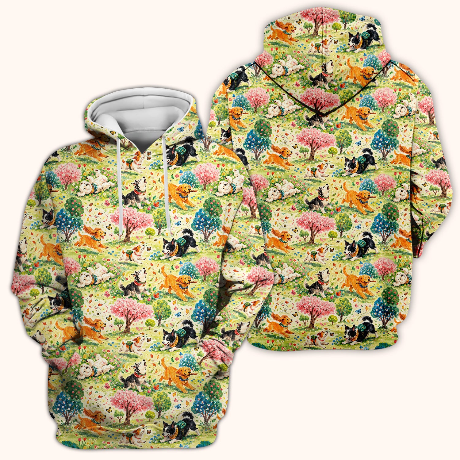 Playful Spring Garden Dogs Pattern Scrub Top, Comfortable Scrubs for Nurses