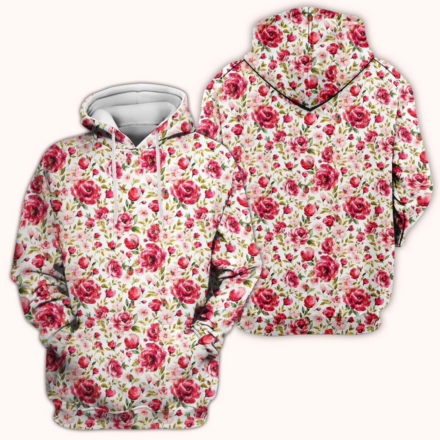 Pink Rose Ladybug Garden Pattern Scrub Top, Comfortable Scrubs for Nurses