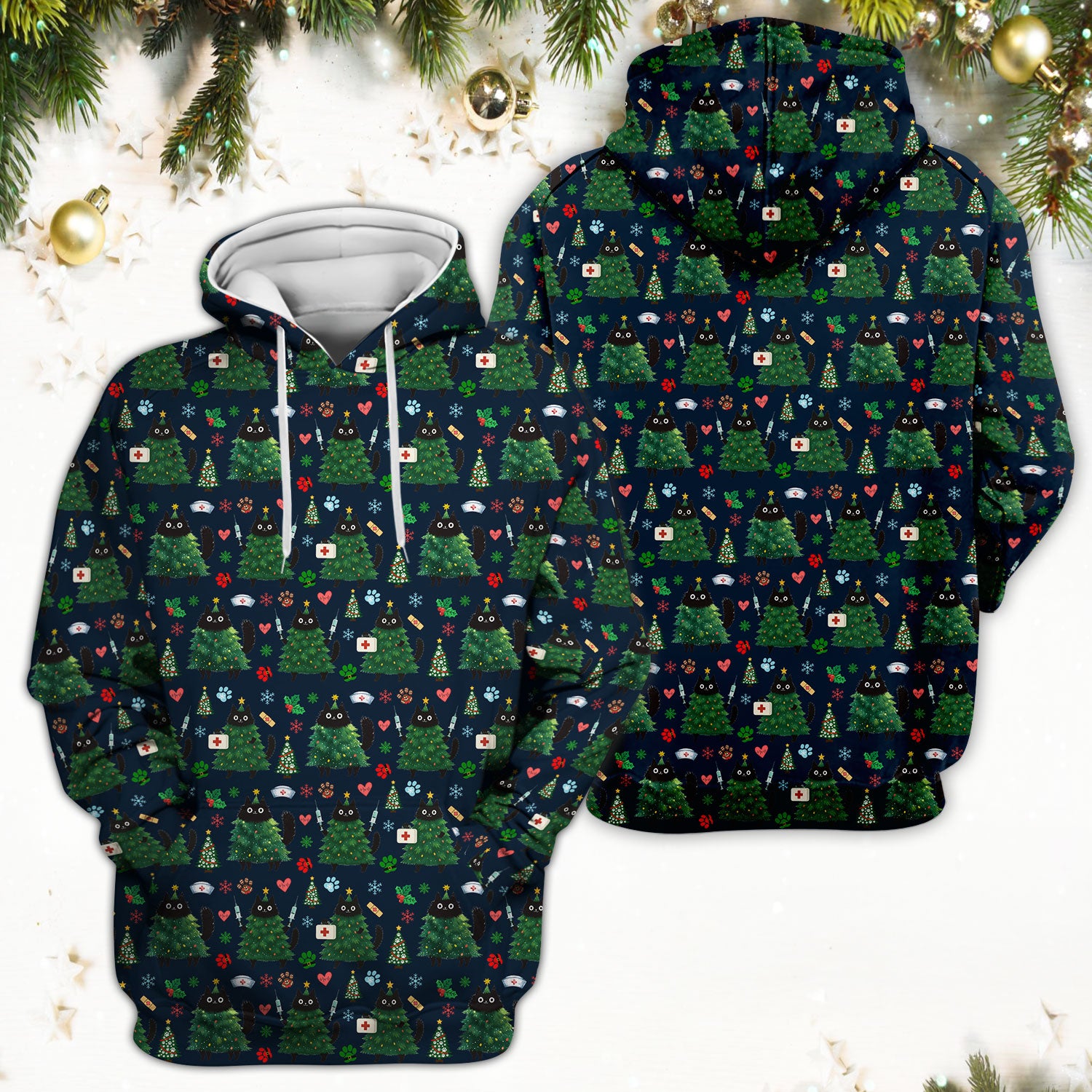 Christmas Nurse Scrub Top, Xmas Black Cat Pattern Nurse Shirt,  Breathable Fabrics Nursing Uniform