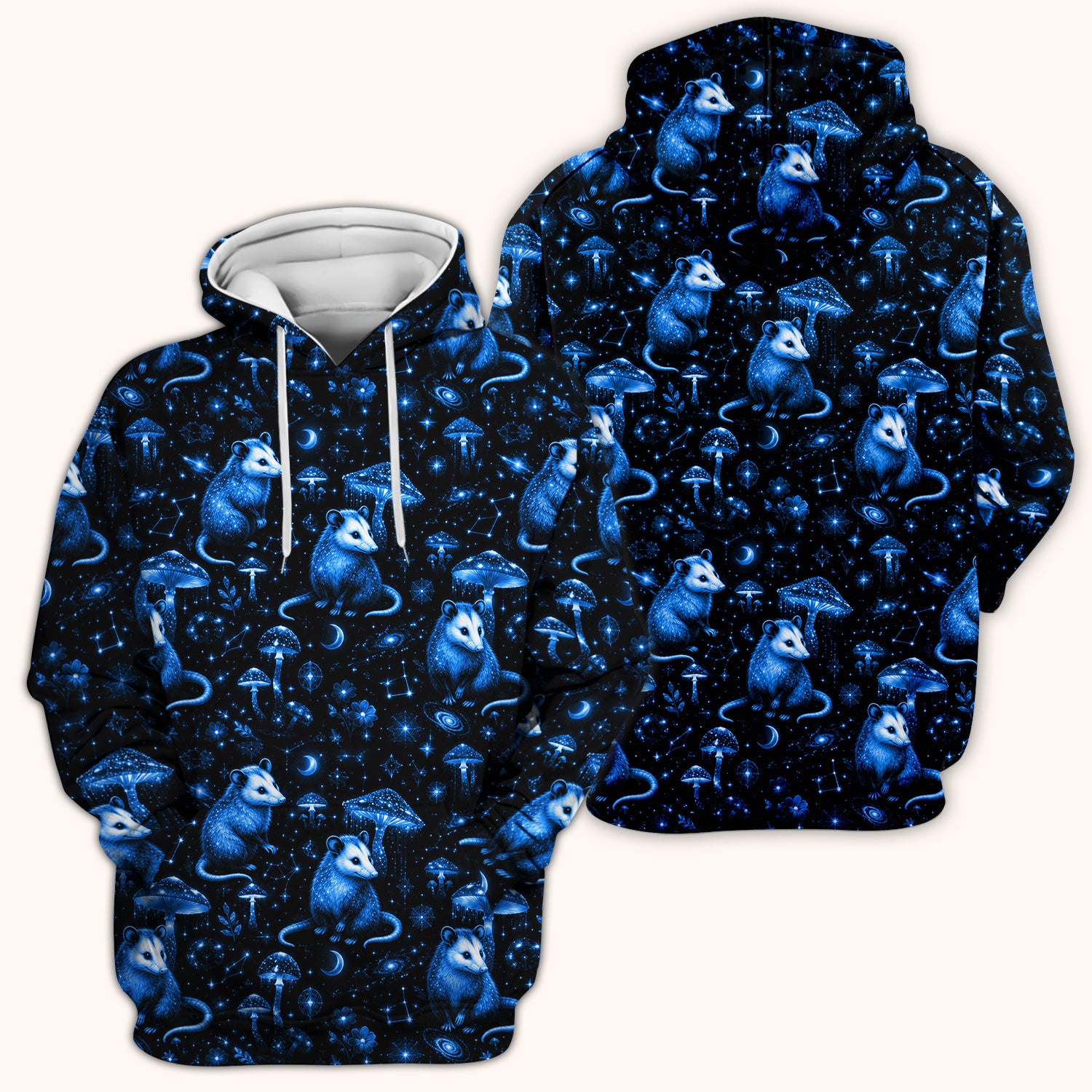 Celestial Blue Opossum With Mushroom Pattern Scrub Top, Comfortable Scrubs for Nurses