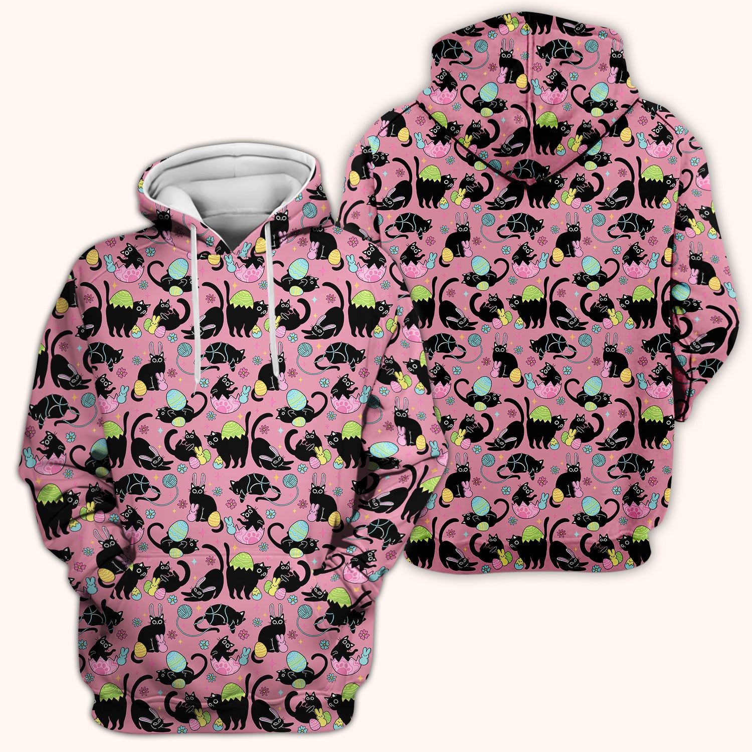 Funny Easter Black Cat Egg Pattern Scrub Top, Breathable Fabrics Nursing Uniform