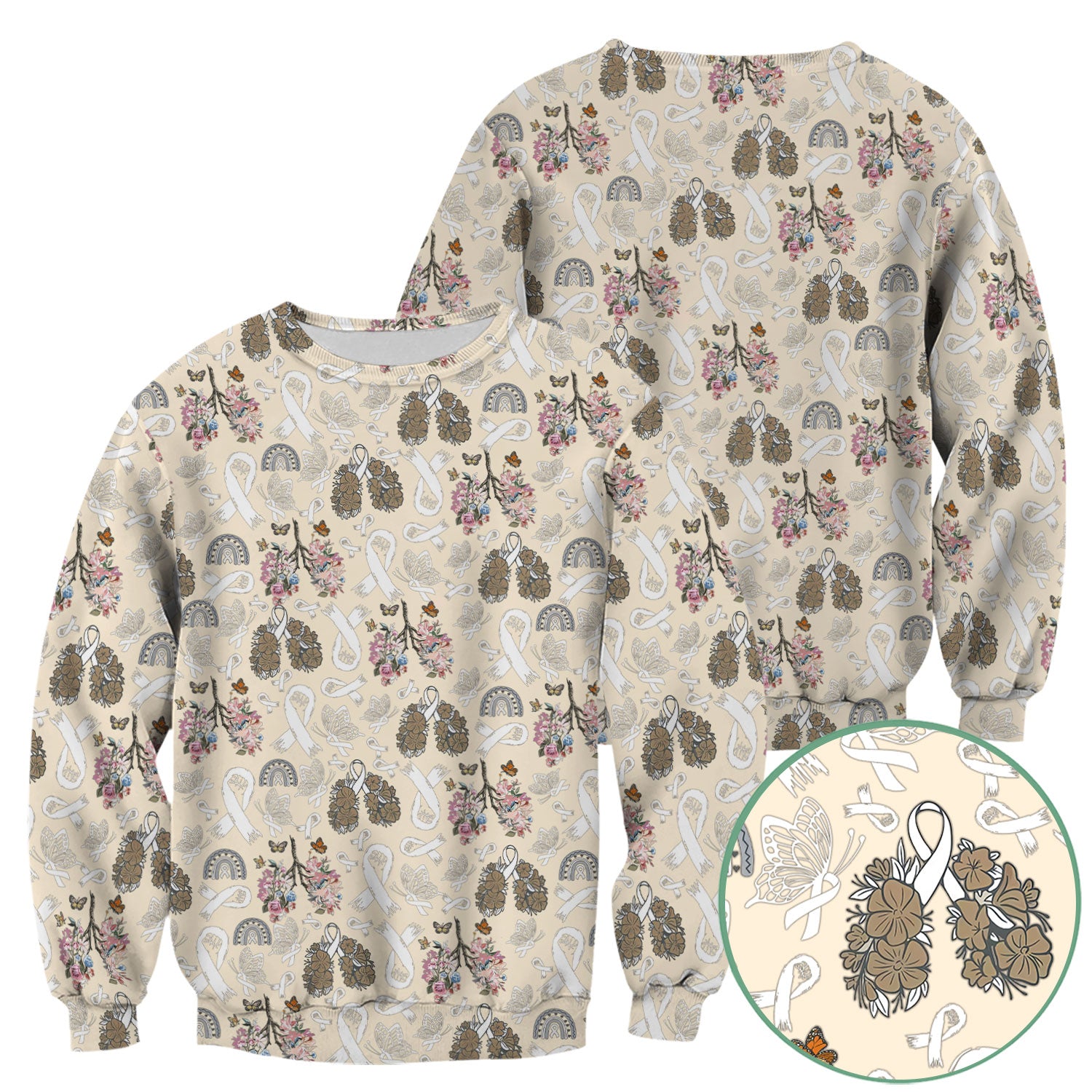Lung Cancer Awareness Scrub Top for Women - White Ribbon Butterfly Floral Medical Uniform - Comfortable Scrubs for Nurses