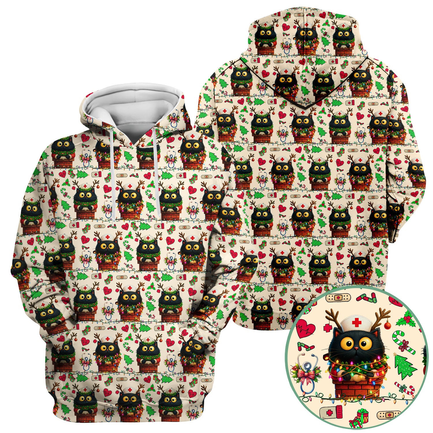 Funny Black Cat Scrub Top for Nurse - Cute Reindeer Cat with Christmas Lights Shirt - Festive Holiday Medical Gift for RN CNA LPN