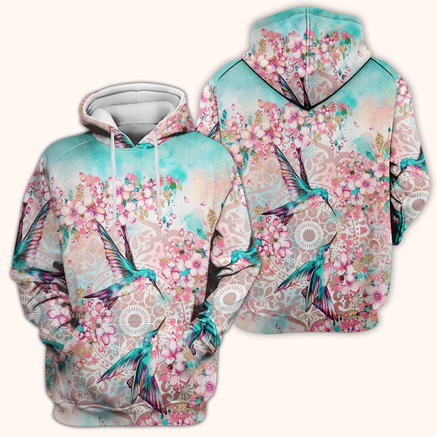 Charming Hummingbird Cherry Blossom Pattern Scrub Top, Comfortable Scrubs for Nurses