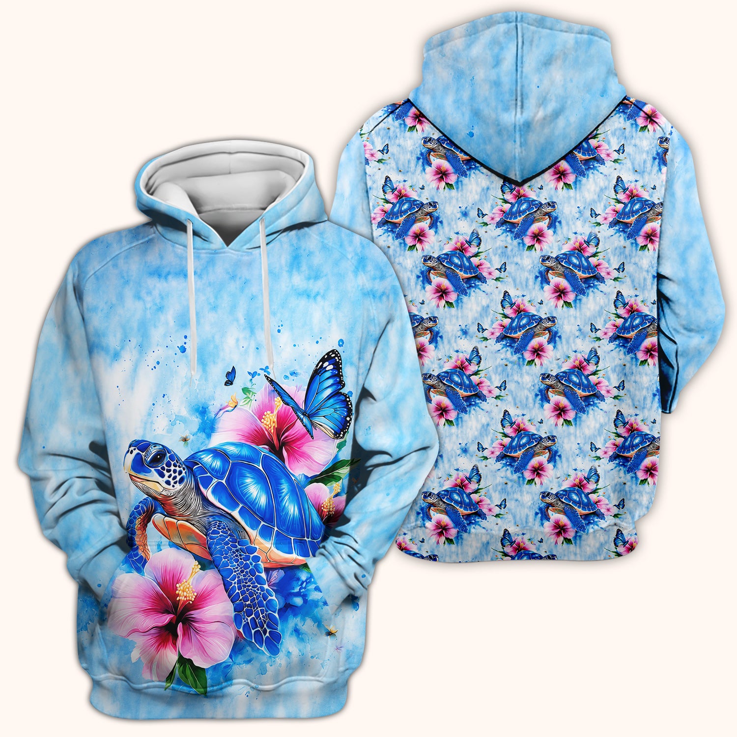 Blue Sea Turtle Hibiscus Butterfly Print Scrub Top, Comfortable Scrubs for Nurses