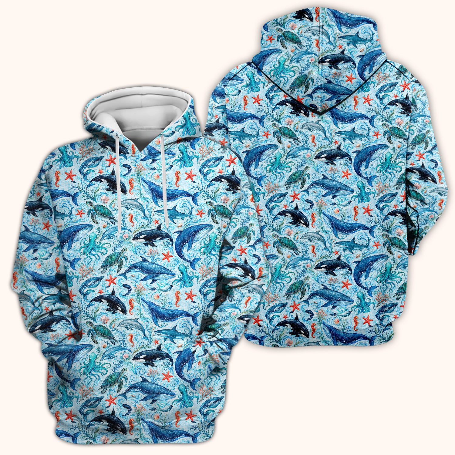 Watercolor Ocean Wildlife Scene Pattern Scrub Top, Comfortable Scrubs for Nurses