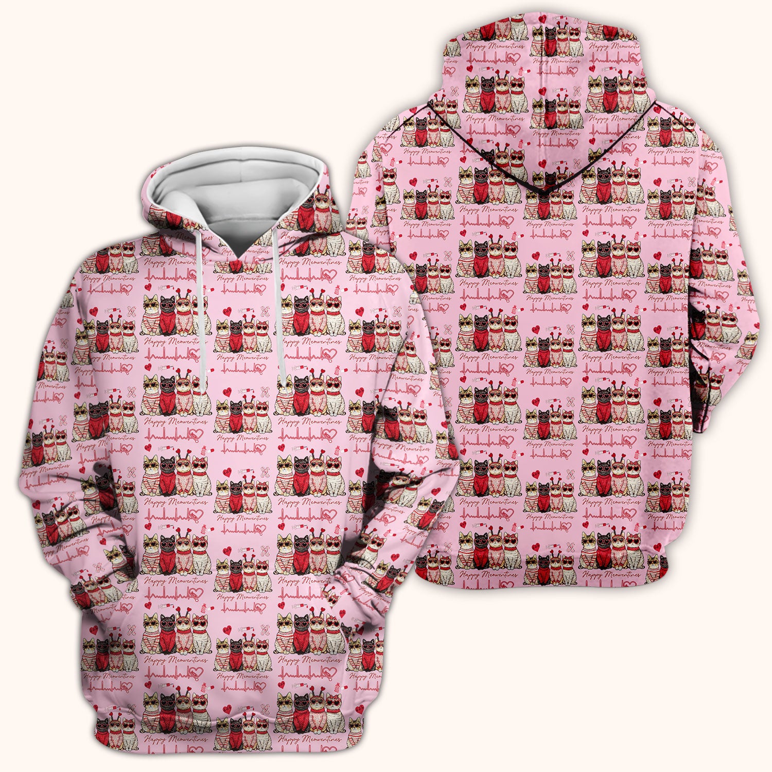 Happy Meowtines Cat Pattern Scrub Top, Valentine Cat Lover Nurse Scrub Shirt, Heartbeat Medical Pattern Nursing Uniform