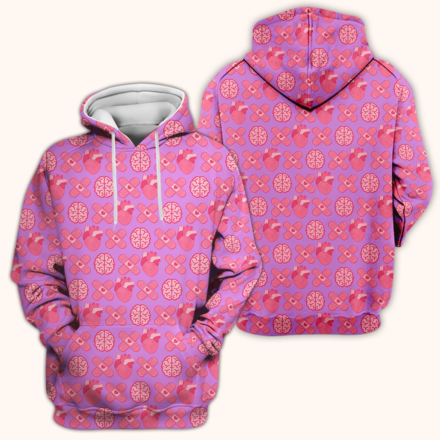 Heart & Brain Medical Icon Pattern Scrub Top, Breathable Fabrics Nursing Uniform