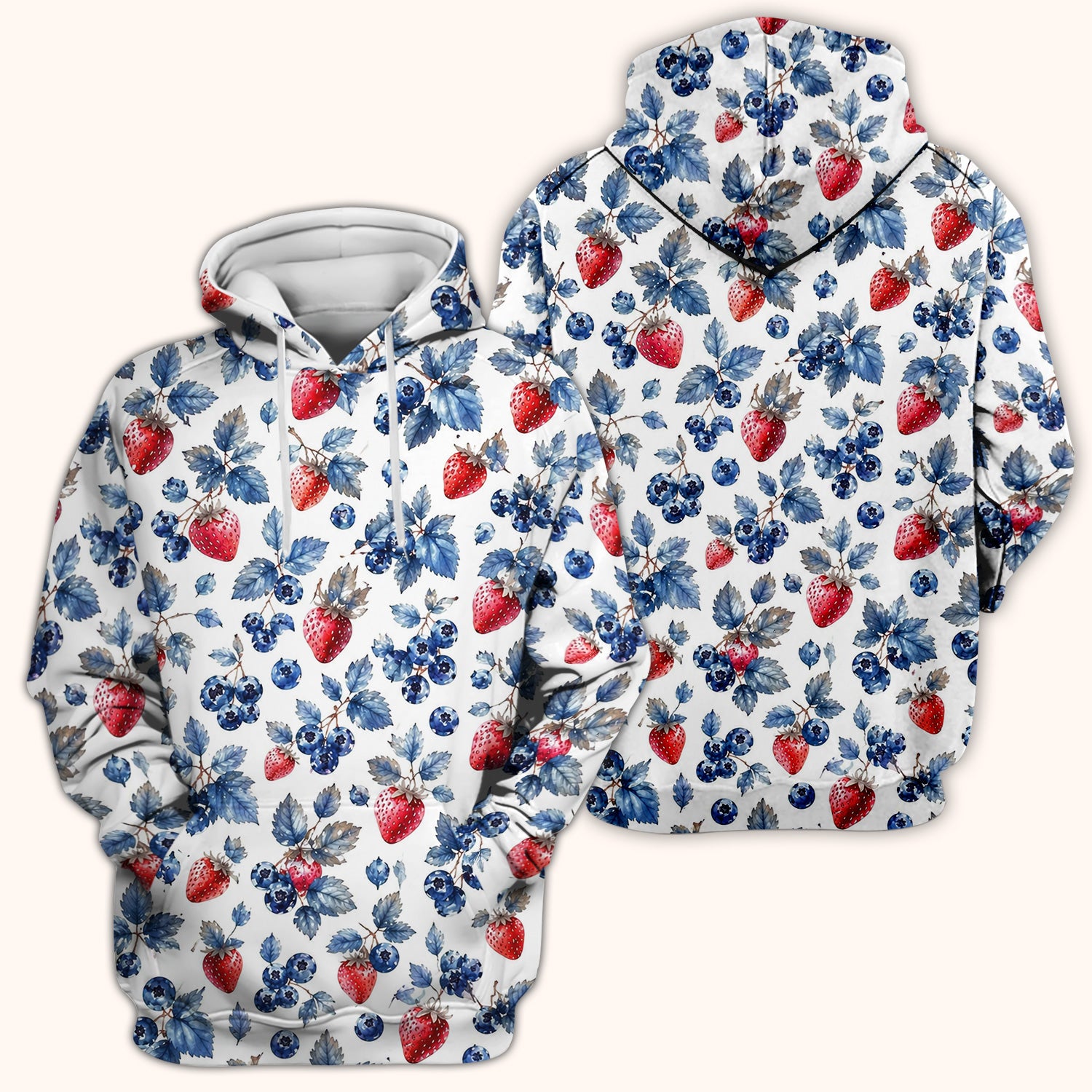 Cute Strawberry & Blueberry Leaf Pattern Scrub Top, Comfortable Scrubs for Nurses