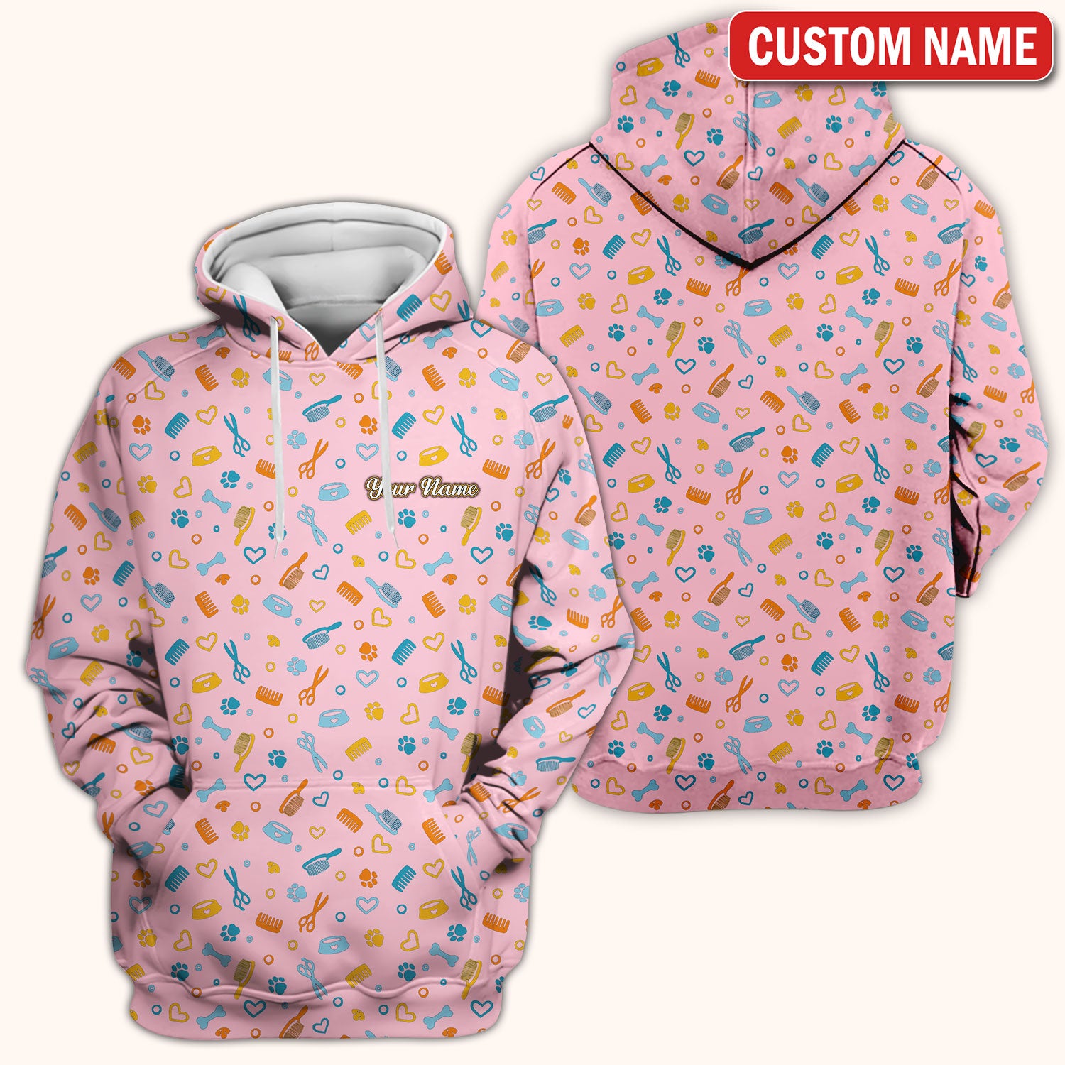 Custom Name Dog Cat Grooming Pattern Scrub Top, Breathable Fabrics Nursing Uniform