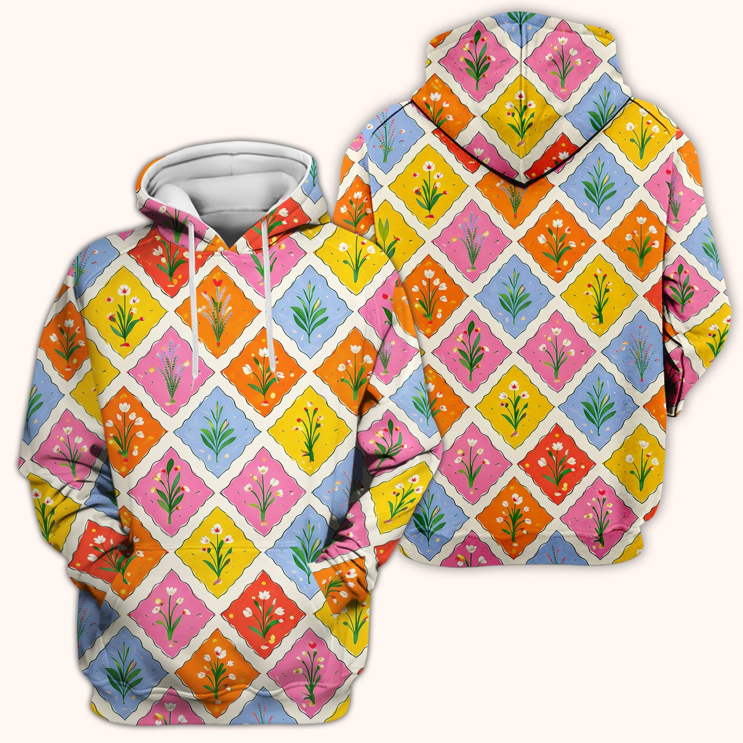 Cute Colorful Floral Tile Pattern Scrub Top, Breathable Fabrics Nursing Uniform