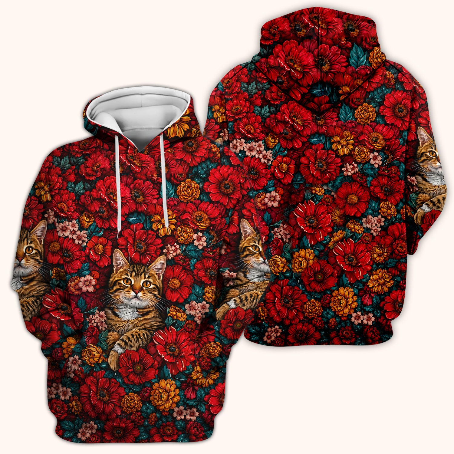 Adorable Tabby Cat Floral Garden Pattern Scrub Top, Comfortable Scrubs for Nurses