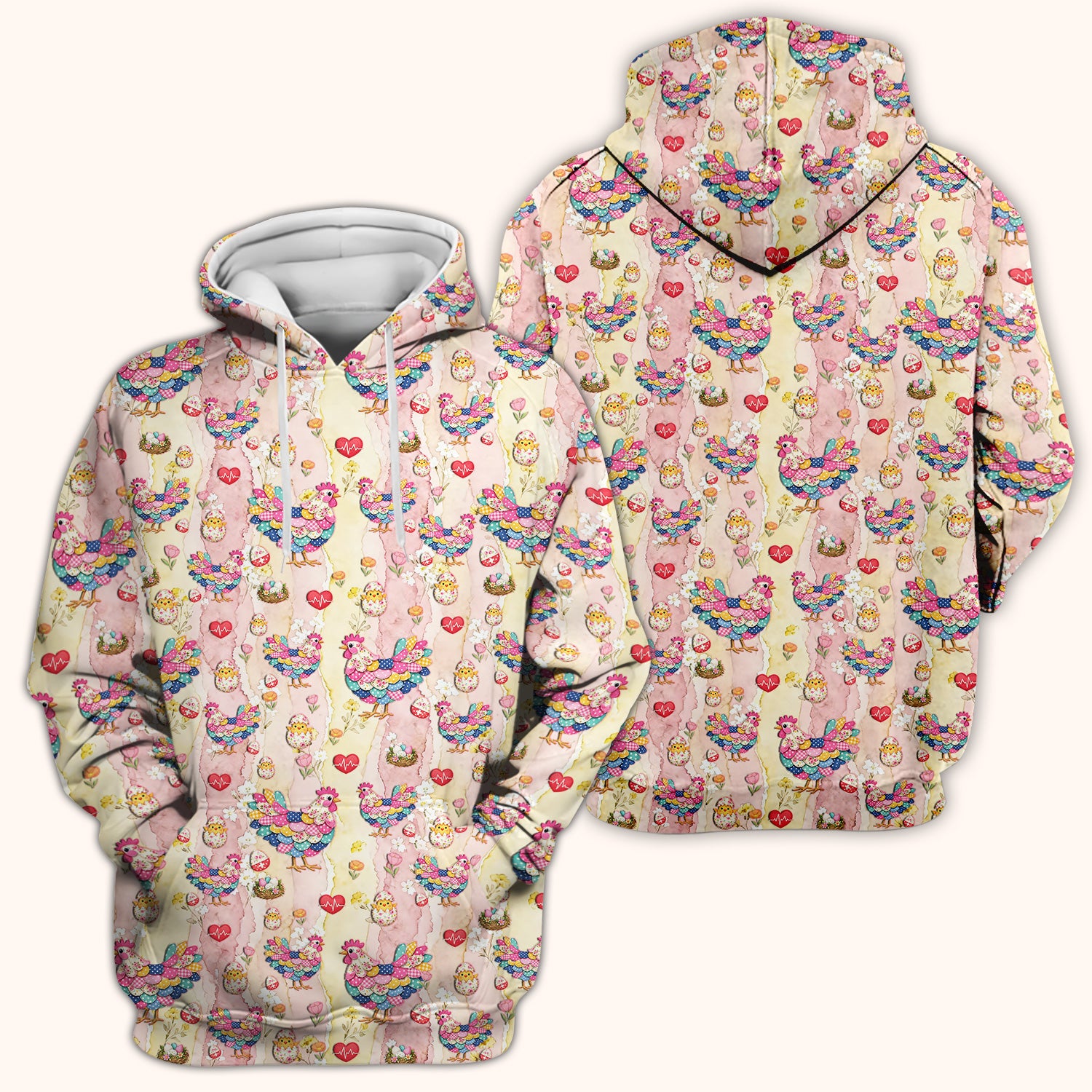 Colorful Chicken Easter Eggs Heart Pattern Scrubs Top, Breathable Fabrics Nursing Uniform