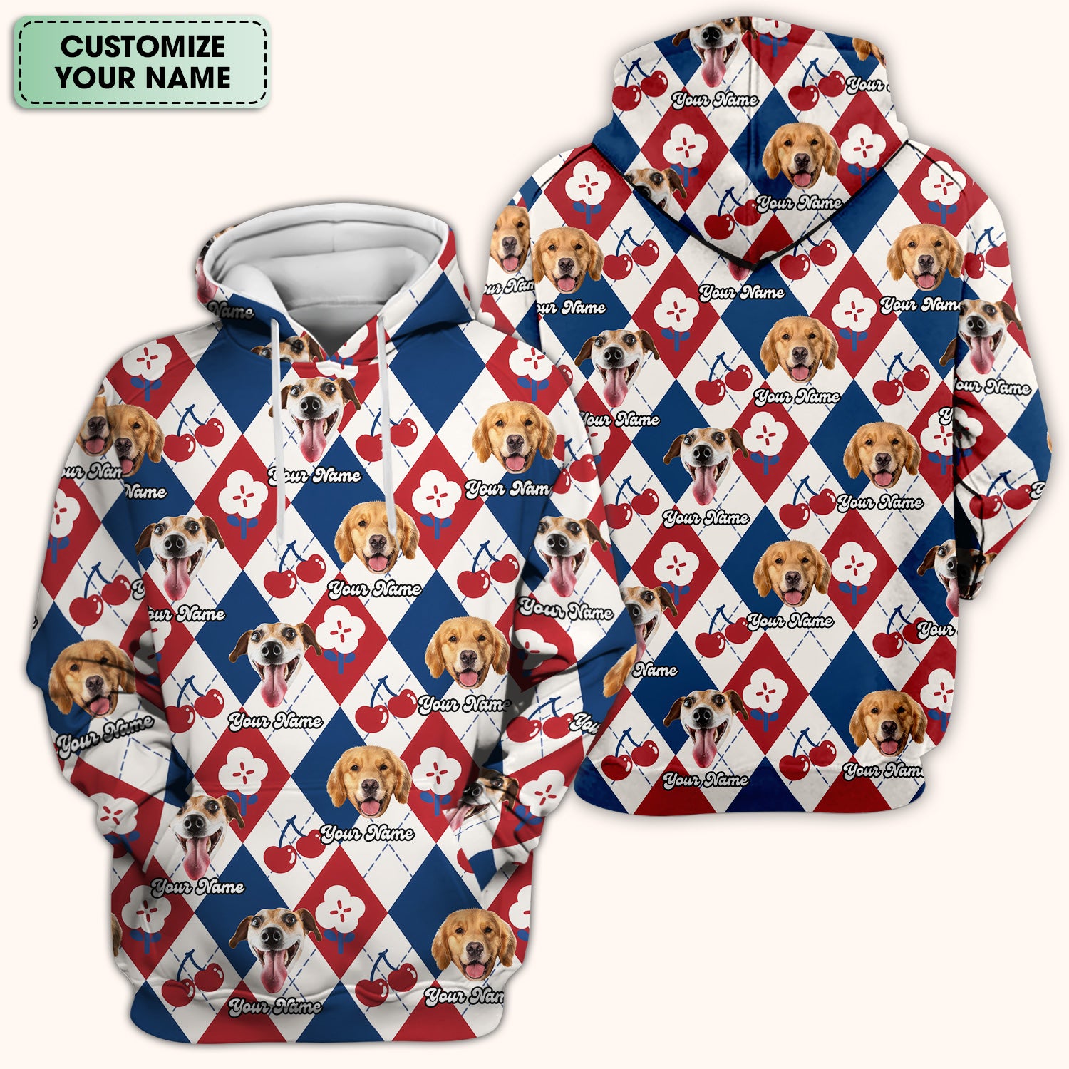 Custom Dog Face Scrub Top, Playful Dog Cherry Argyle Pattern Shirt, Comfortable Scrubs for Nurses