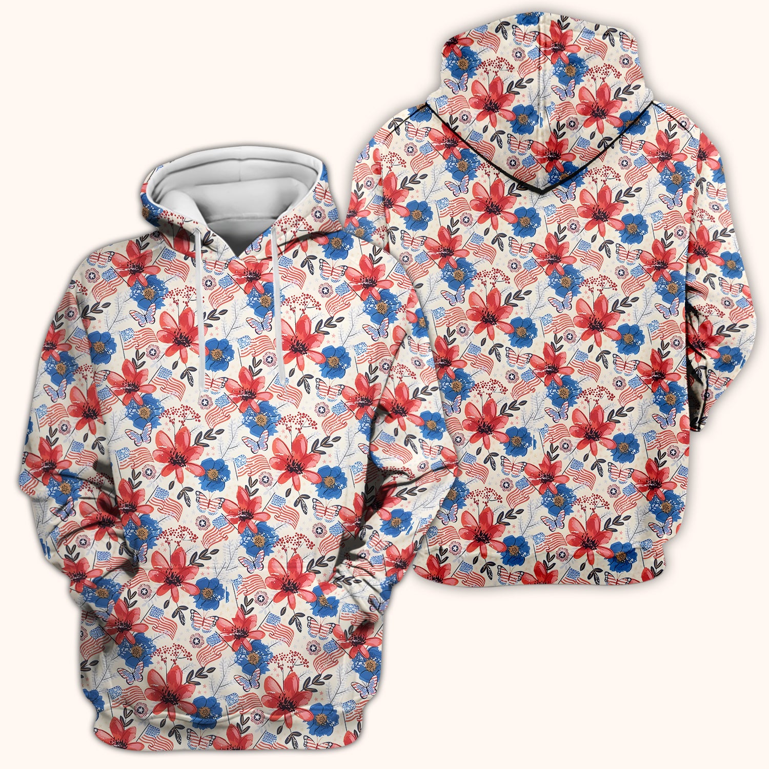 Patriotic Wildflower Flag Butterfly Pattern Scrub Top, Comfortable Scrubs for Nurses