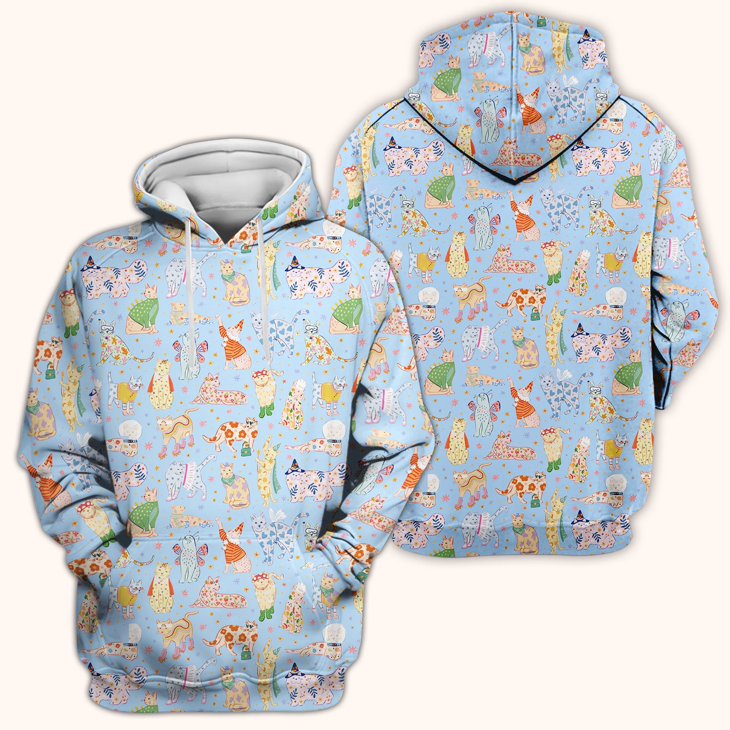 Colorful Pastel Cartoon Cats Print Scrub Top, Breathable Fabrics Nursing Uniform
