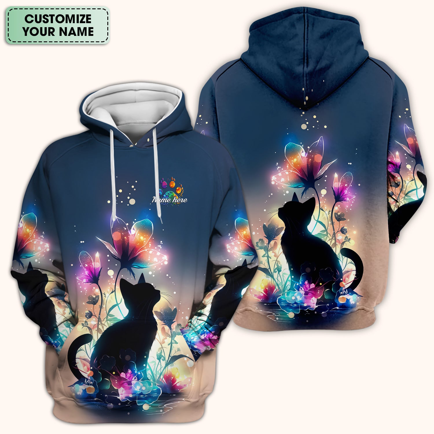 Custom Name Cat Floral Glow Pattern Scrub Top, Breathable Fabrics Nursing Uniform