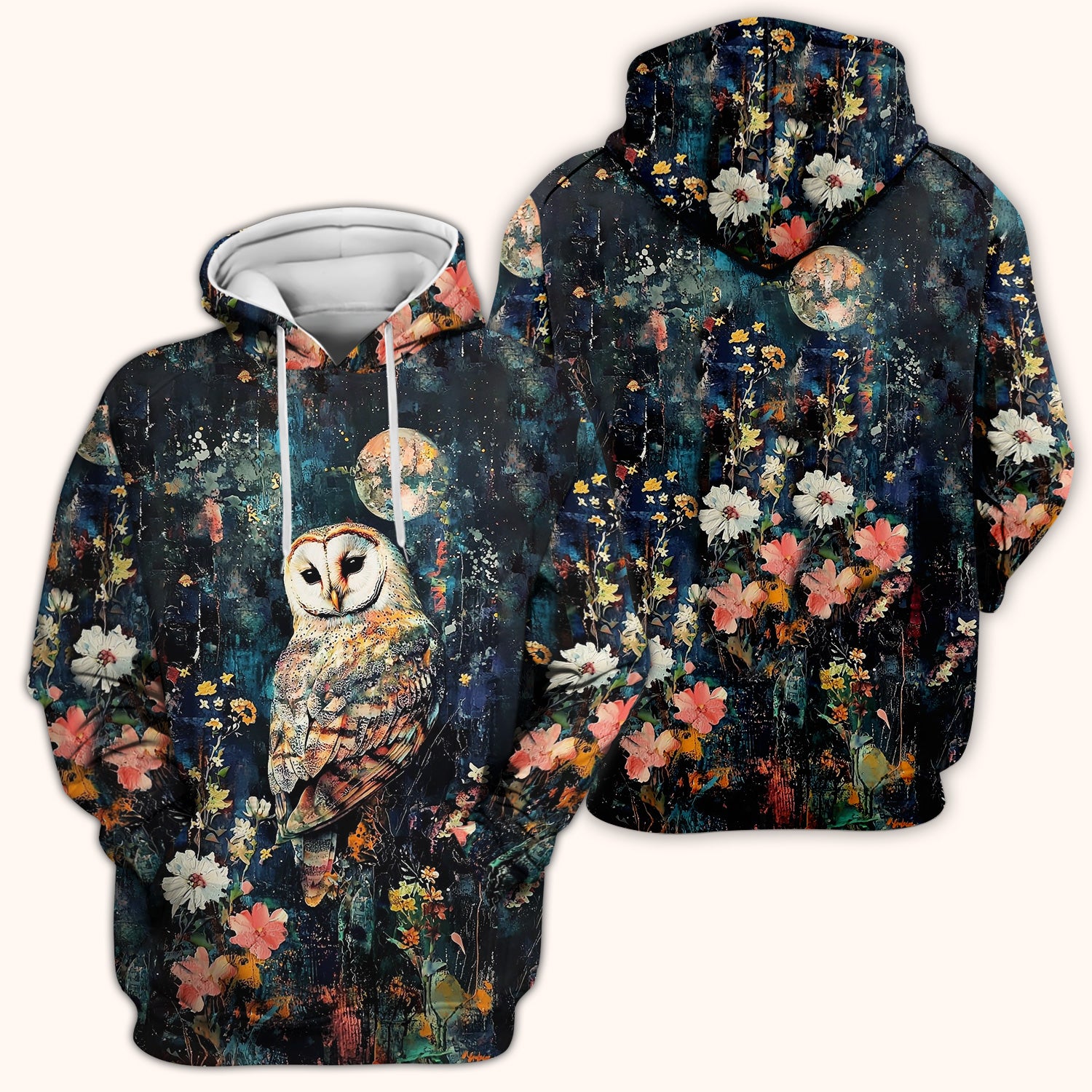 Moonlit Barn Owl Floral Pattern Scrub Top, Comfortable Scrubs for Nurses