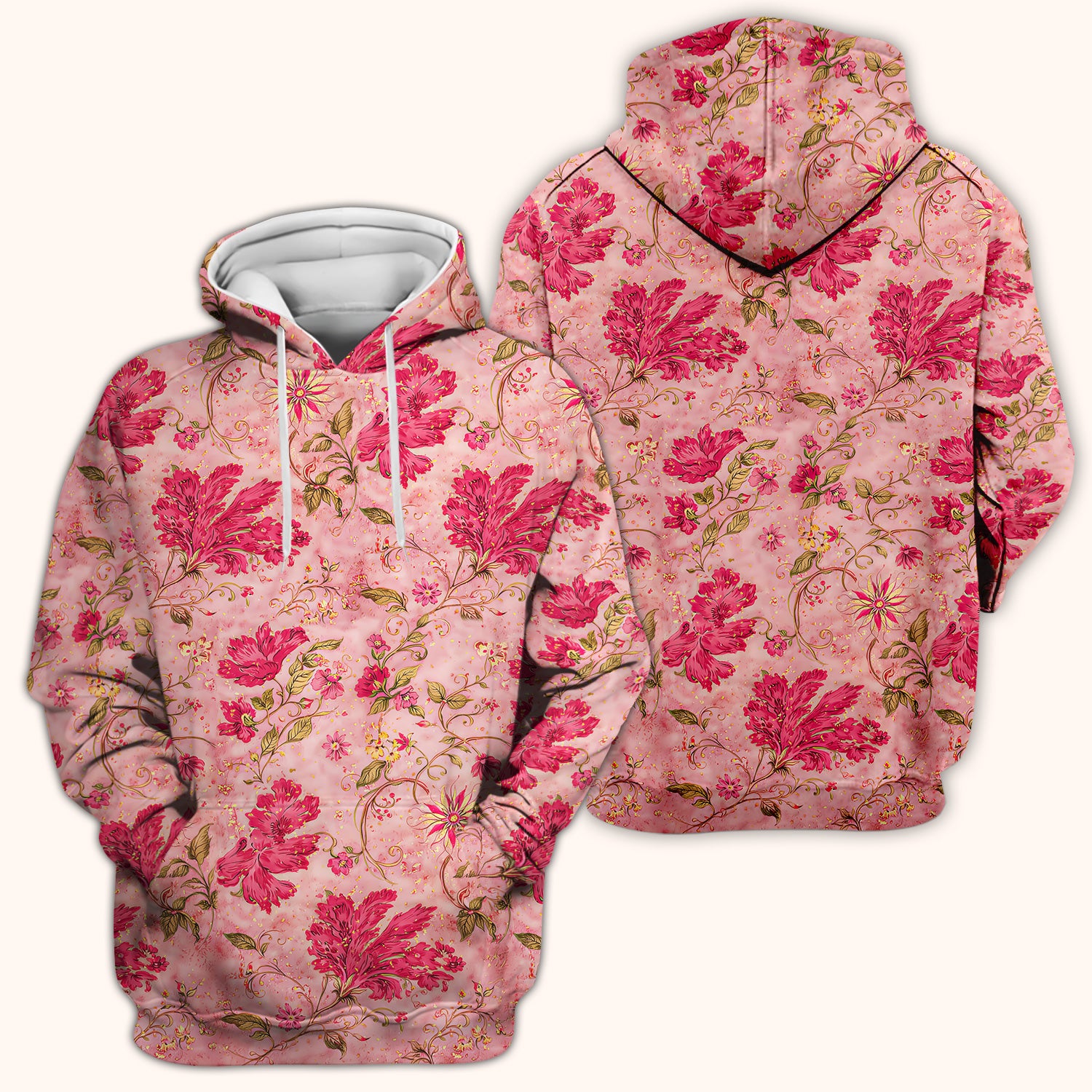 Elegant Pink Floral Vine Pattern Scrub Top, Breathable Fabrics Nursing Uniform