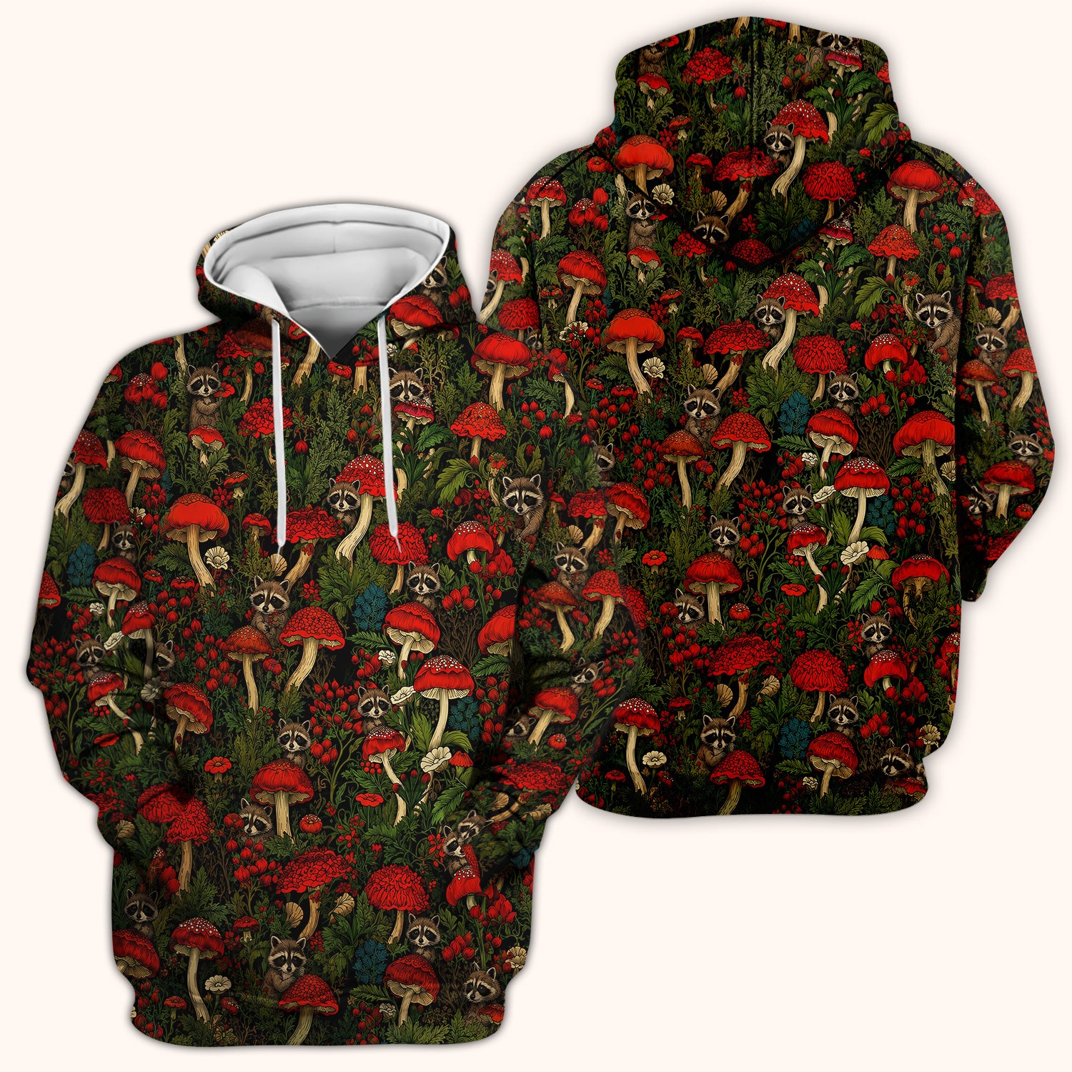 Woodland Raccoon Red Mushroom Pattern Scrub Top, Comfortable Scrubs for Nurses