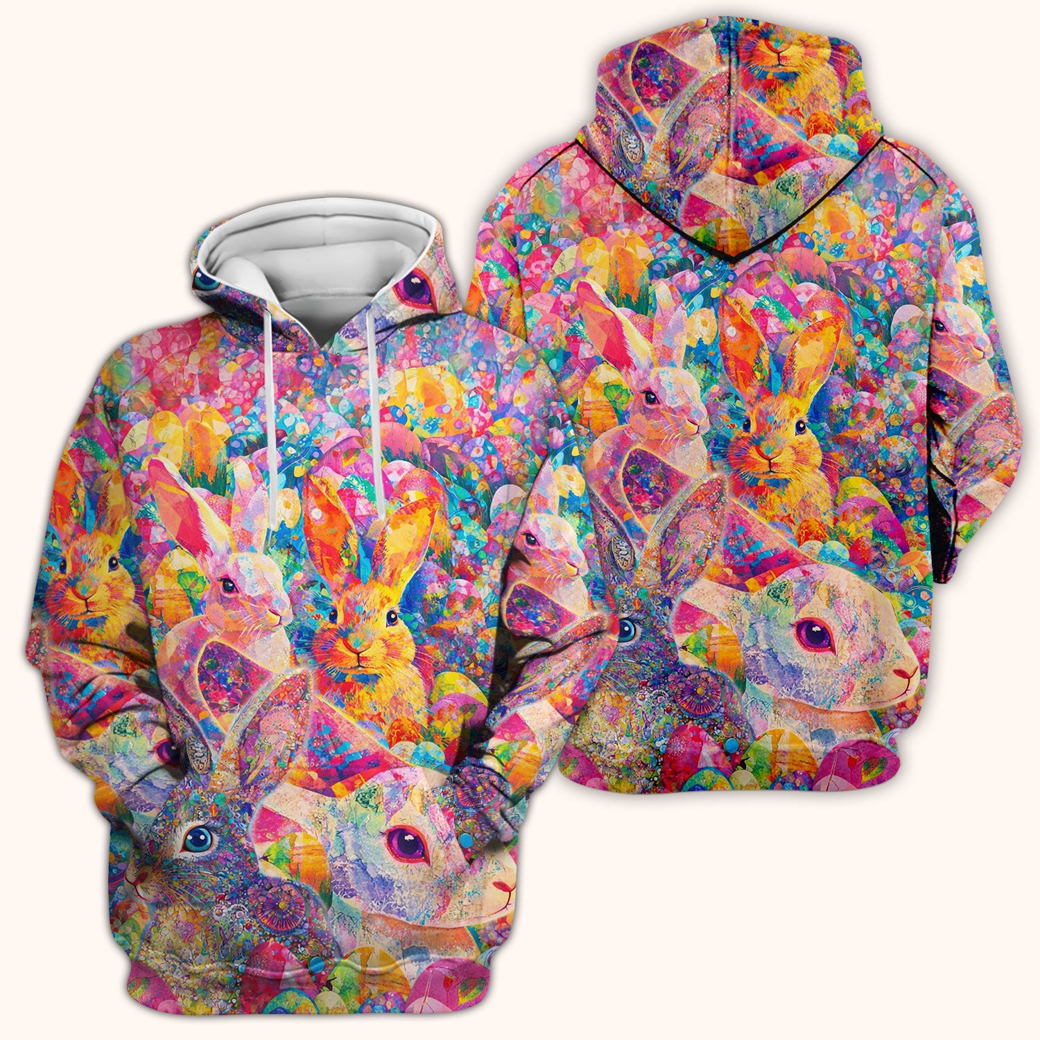 Colorful Artistic Bunny Print Scrub Top, Breathable Fabrics Nursing Uniform, Easter