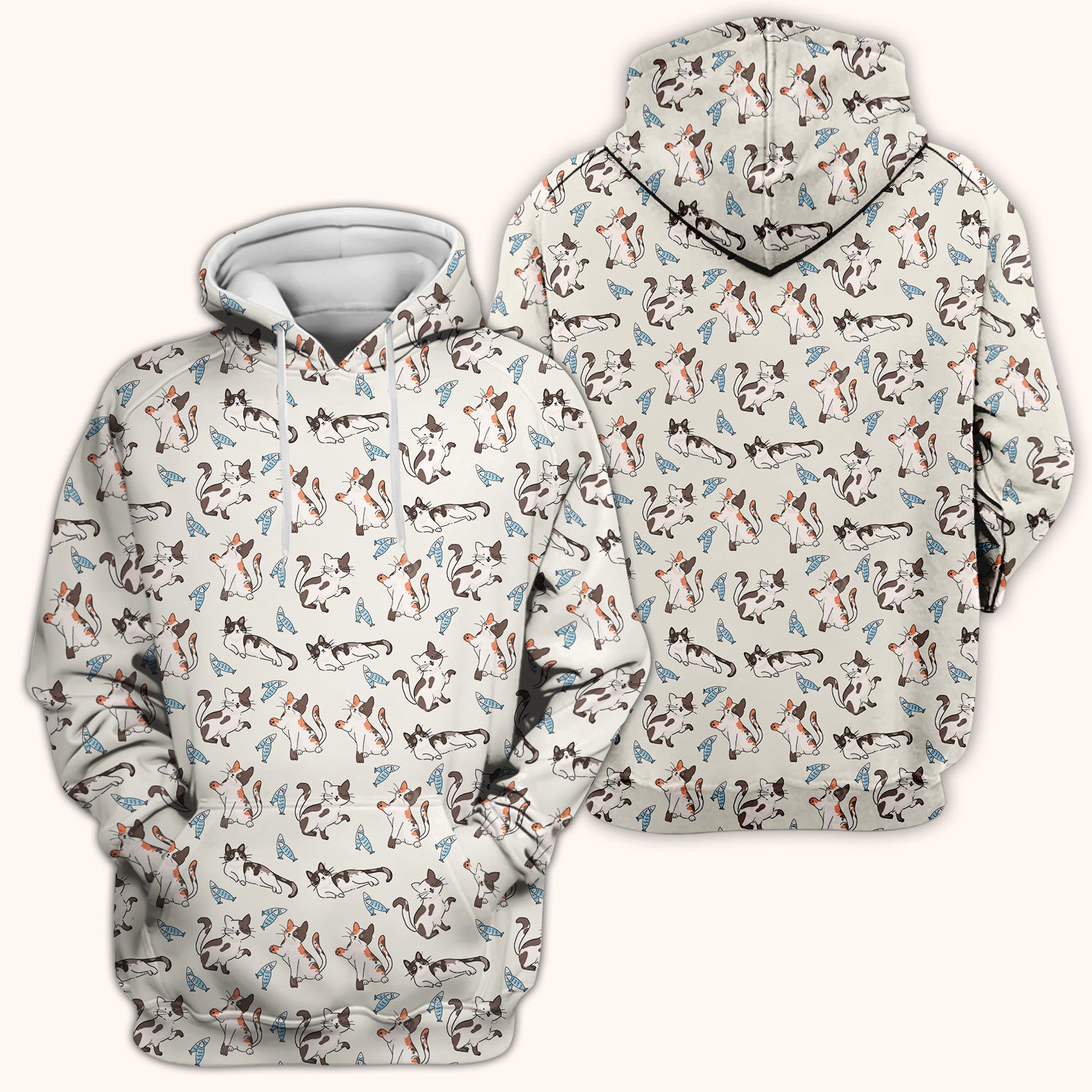 Cute Playful Cats With Fish Pattern Nurse Scrub Top, Comfortable Scrubs for Nurses