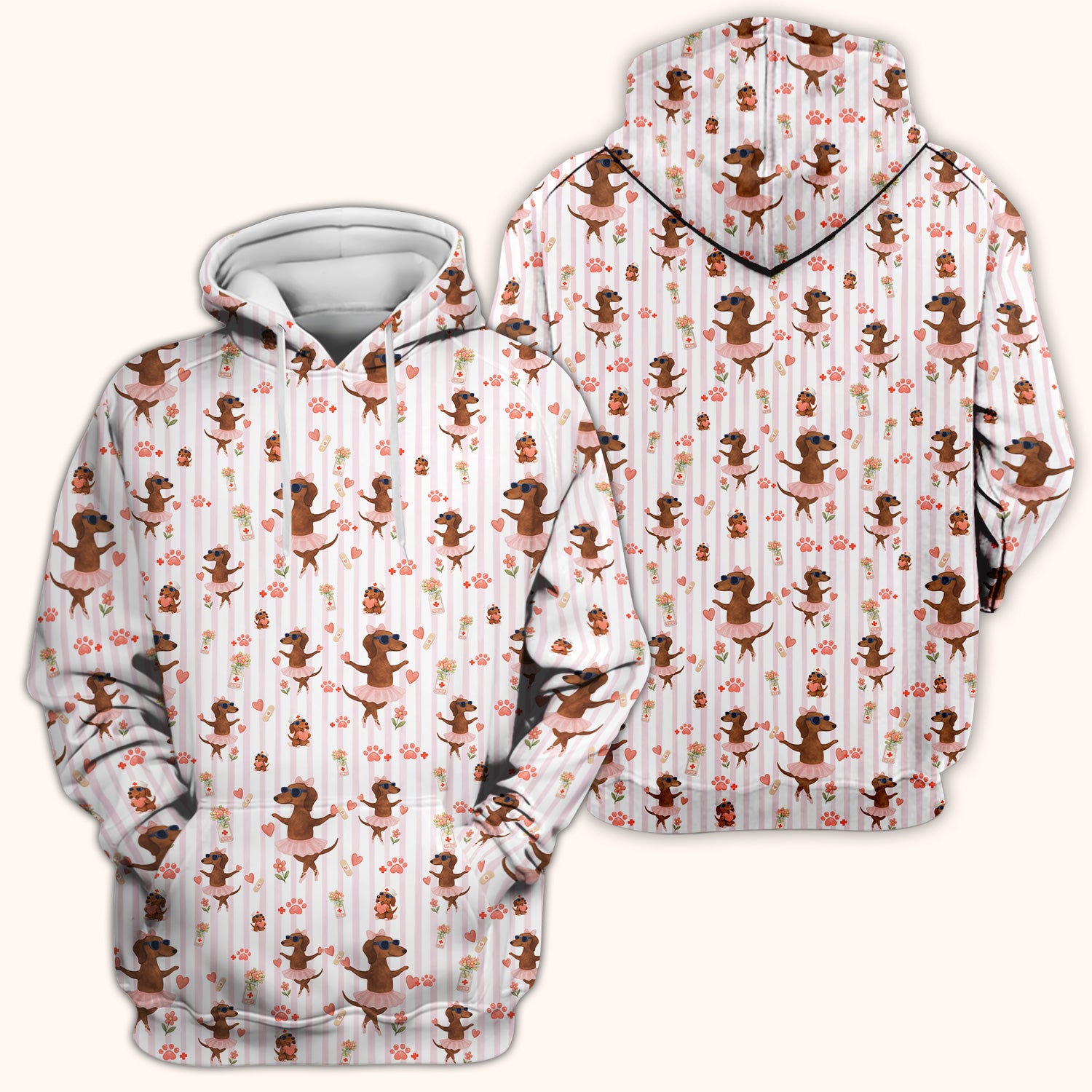 Cute Dachshund Dog Ballet Tutu Hearts Pattern Scrub Top, Comfortable Scrubs for Nurses