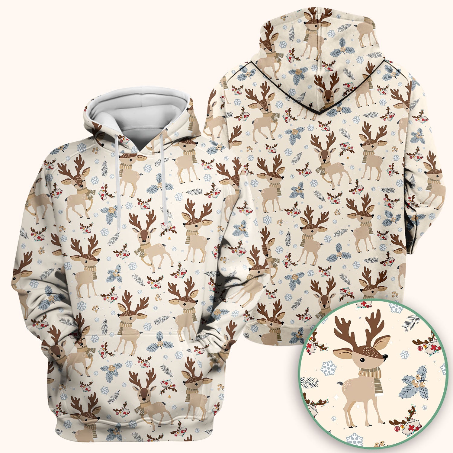 Reindeer Christmas Scrub Top - Cozy Beige Holiday Nurse Shirt with Cute Deer Pattern - Festive Medical Scrubs for Women RN CNA LPN