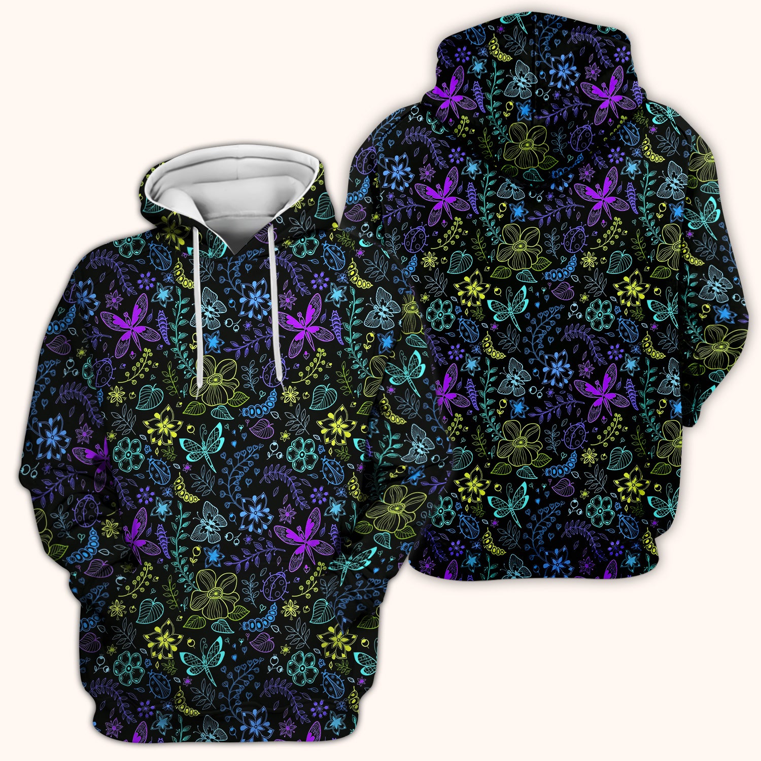 Neon Butterfly and Floral Garden Pattern Scrub Top, Comfortable Scrubs for Nurses