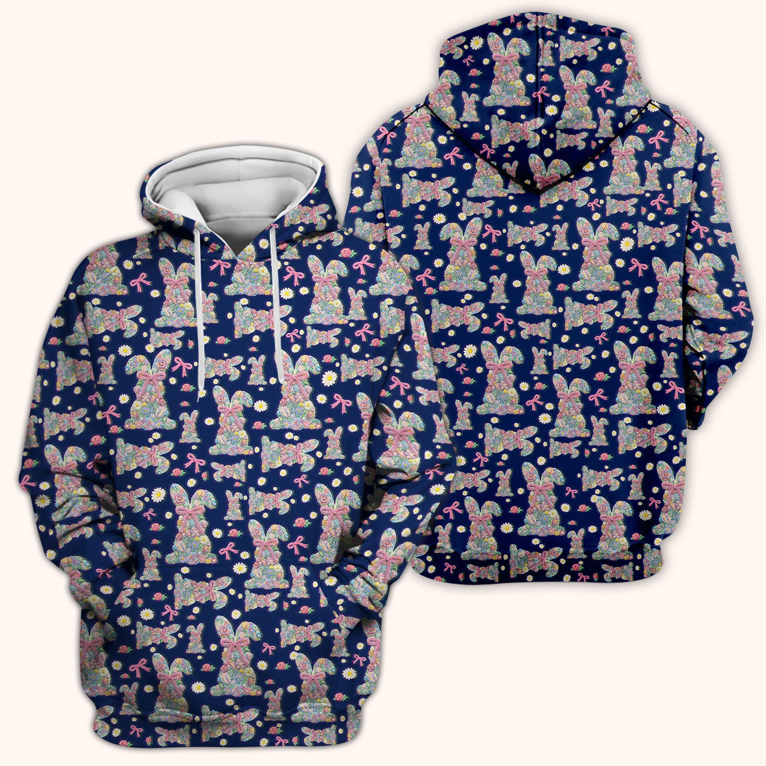Colorful Floral Bunny with Pink Bow Pattern Scrub Top, Breathable Fabrics Nursing Uniform, Easter