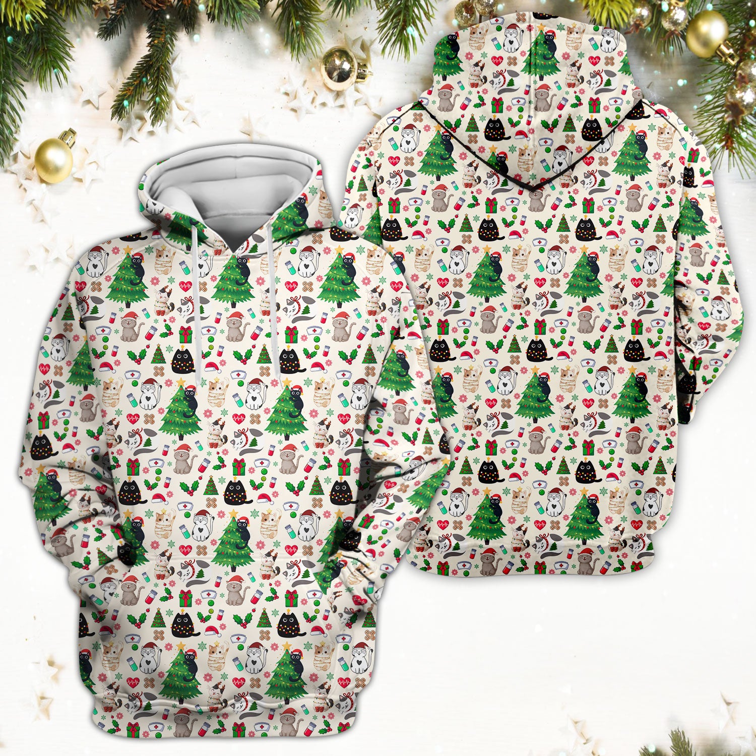 Christmas Cat Scrub Top, Xmas Pet Pattern Scrub Shirt, Breathable Fabrics Nursing Uniform
