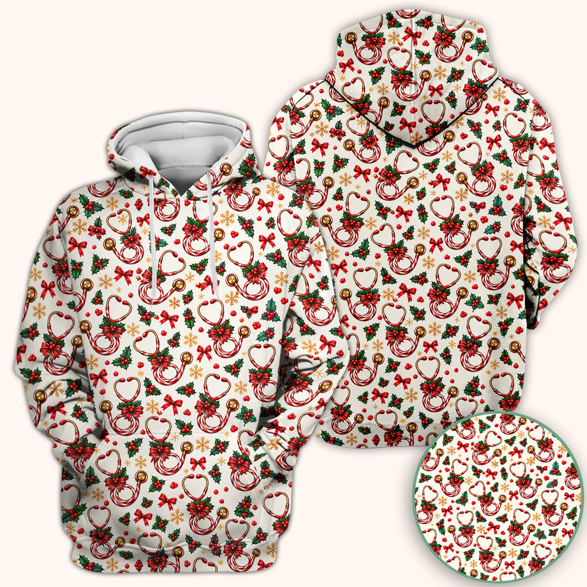 Christmas Candy Cane Stethoscope Pattern Scrub Top, Comfortable Scrubs for Nurses